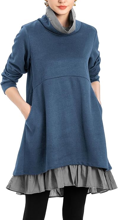Minibee Damen Oversized Sweatshirt Kleid Rollkragen Langarm Tunika Tops Swing Kleider mit Taschen, Jean Blue, Mittel