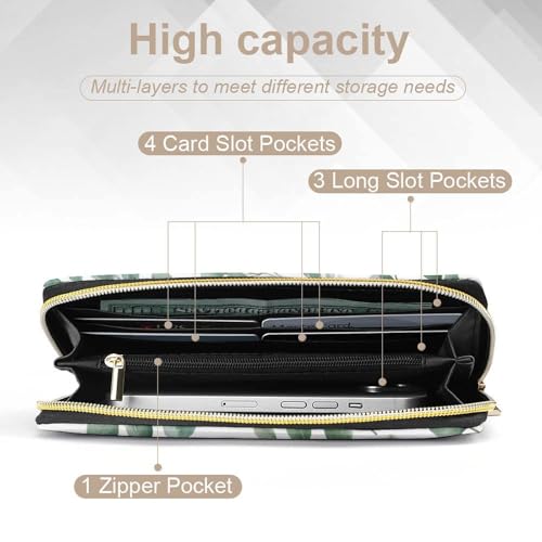 Girl's Long PU Wallet, Travel Purse Fashion Design, Huge Storage Capacity Purse, Cute Decor Zipper Wallet Watercolor Sage Green Leaf4