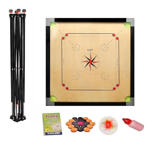 Image of Superior Matte Finish Practice Carrom Board for Serious Professional Practice with Coins Striker and Powder Black New (32 inch Cut Carrom with Stand)