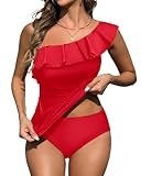 Yonique Women's Two Piece Swimsuits One Shoulder Tankini Tummy Control Bathing Suits Ruffle Swimwear Red M