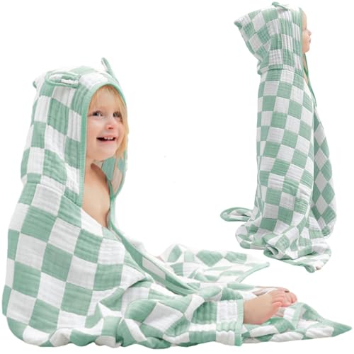 Image of Ultra-Soft Muslin Toddler Hooded Towel - 55 x 28 Inches, Ideal for Bath & Beach, Suitable for Both Boys & Girls from Newborns to Toddlers Green Check