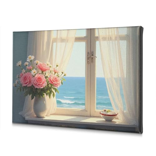 Toile fleurs rebord de fenêtre vue océan pour créer une ambiance vacances