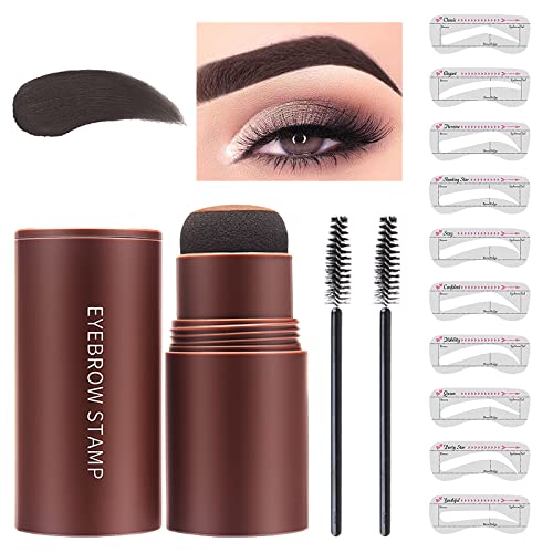 SCOBUTY Eyebrow Stamp Stencil Kit, Eyebrow Stamp, Brow Stamp Shaping Kit for Perfect Eyebrow Makeup, with 10 Reusable Eyebrow Stencils, 2 Eyebrow Brushes, Long-Lasting, Waterproof- Dark Grey