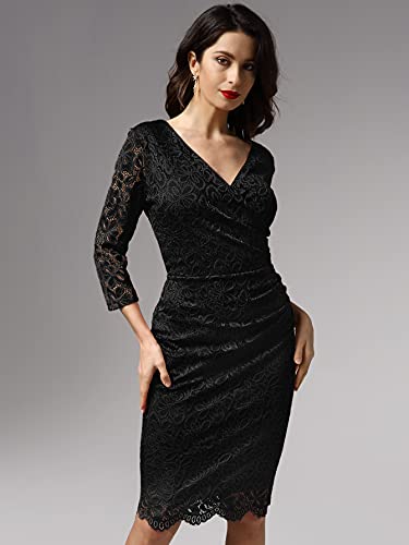 Miusol Women's Retro Deep-V Neck Ruffles Floral Lace Evening Pencil Dress3