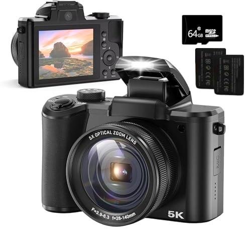 Dododuck 5K Digital Camera: Autofocus, 5X Optical Zoom, 64MP, Vlogging and Video Camera with 6-Axis Stabilization, Dual Cameras Front and Rear, Echo Cancelling Microphone, 2 Batteries (5K)