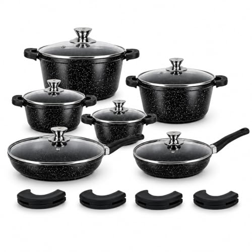 Bavaria Batteria Set Pentole Antiaderente 20 Pezzi Effetto Pietra | Set Pentole e Padelle con Coperchi in Vetro e Manici in Silicone