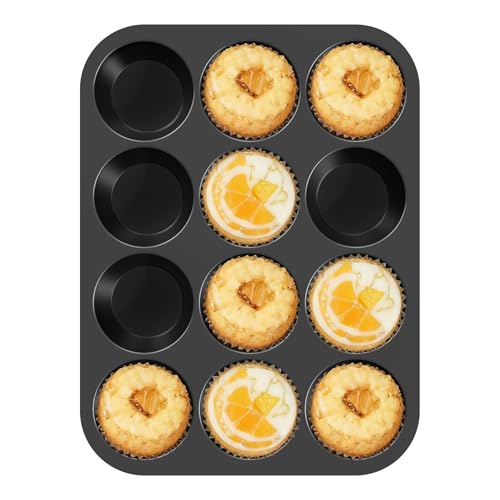 Ankway 12 Cup Muffin Tray with Metal Frame BPA Free Silicone Cupcake Tray Non-Stick Muffin Tin Baking Tray for Cupcakes Yorkshire Pudding Bun Mince Pie Dishwasher Safe Black