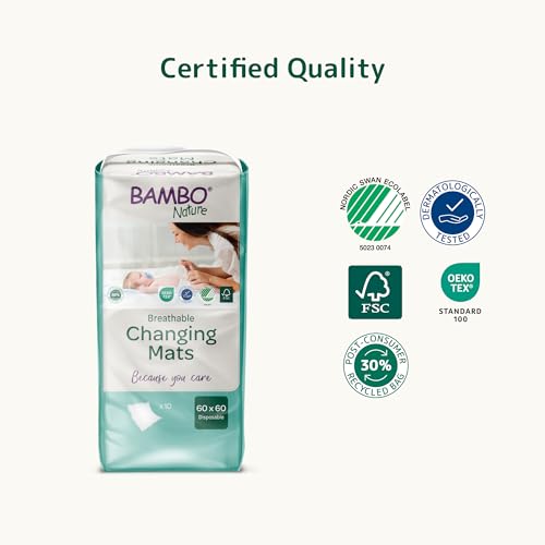 Image of Bambo Nature Baby Disposable Changing Mats, Ultra Soft For Comfort, Ultra Absorbent, Bed Wetting Leakage Protection, Skin Friendly, Dermatologically Approved, Absorbs Up to 1300ml, 60x60cm, Pack of 10