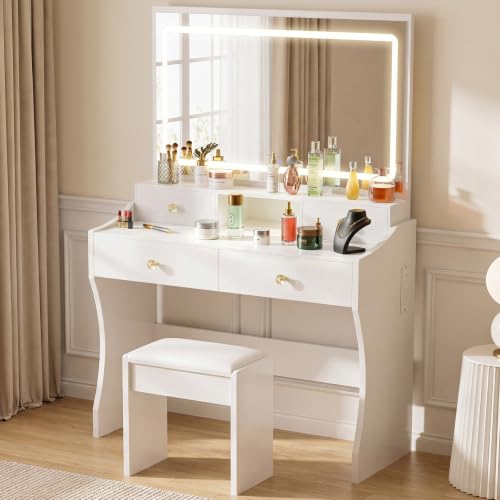 Image of COMHOMA Small Vanity Desk with Mirror and Lights, Girls Bedroom Vanity Set