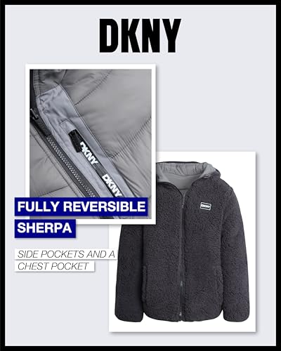 DKNY Boys' Puffer Jacket - Full Zip Up Hooded Reversible Puffer to Sherpa Winter Jacket - Heavyweight Jackets for Boys (8-20)4