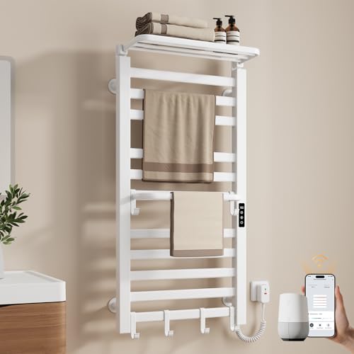 EMKE Elektrischer Badheizkörper Handtuchhalter 1000 x 500 mm, Intelligenter Konstanttemperatur Handtuchheizkörper Elektrisch Handtuchtrockner Handtuchwärmer mit Ablage Right 280W Weiß