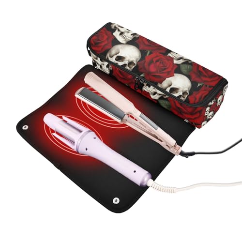 Bolsa de viaje para herramientas de cabello con tapete removible resistente al calor, impermeable, para planchas y rizadores, diseño rosas rojas con calaveras góticas miniatura 2