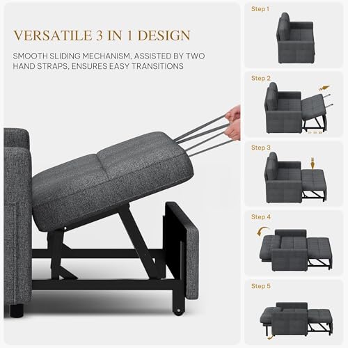 DWVO 55" Convertible Sofa Bed, 3-in-1 Sleeper Sofa with Pull-Out Bed, Linen Futon Couch with Adjustable Backrest and Side Pocket, Modern Loveseat for Living Room Apartment, Grey