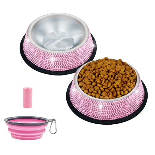 Triumilynn - Ciotole per cani in acciaio inox, con strass rosa, per cibo e acqua di piccole dimensioni, gatti e cani con base in gomma antiscivolo, confezione da 2