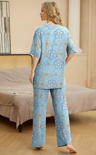 Image of PrinStory Womens Pajamas Sets 2 Piece Lounge Set Short Sleeve Tops and Long Pants Soft Pjs Loungewear with Pockets