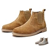 OXNEUHG Men's Genuine Leather Chelsea Boots with Elastic Bang Fashion Classic Suede Round Toe Slip On Ankle Boots Casual Business Wedding Office Work Dress Booties (Brown,9)
