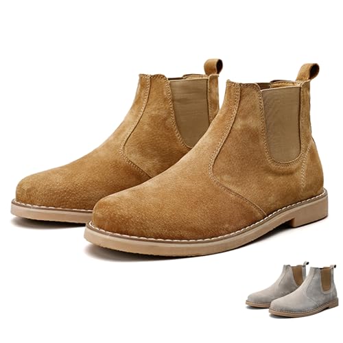 OXNEUHG Men's Genuine Leather Chelsea Boots with Elastic Bang Fashion Classic Suede Round Toe Slip On Ankle Boots Casual Business Wedding Office Work Dress Booties (Brown,9)