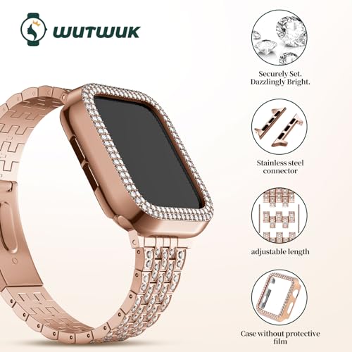 Image of wutwuk Diamond Band with Bling Case Compatible with Apple Watch Bands for Women 42mm, Sparkly Metal Strap with Crystal Protective Bumper for iWatch Series 11 10, 42mm Rose Gold | Fits iWatch Bands Series 11 10 42mm, Stainless Steel Strap for Women Men, Rose Gold
