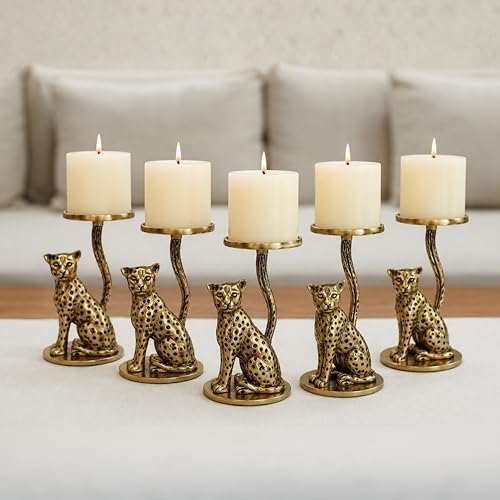 Image of BEHOMA Handcrafted Aluminium Jaguar Pillar Candle Holder, Gold - Pack of 5 | Tabletop Home Decor Showpiece House Warming for Men | Wedding & Anniversary Decorative | Gold (Candle Not Included)