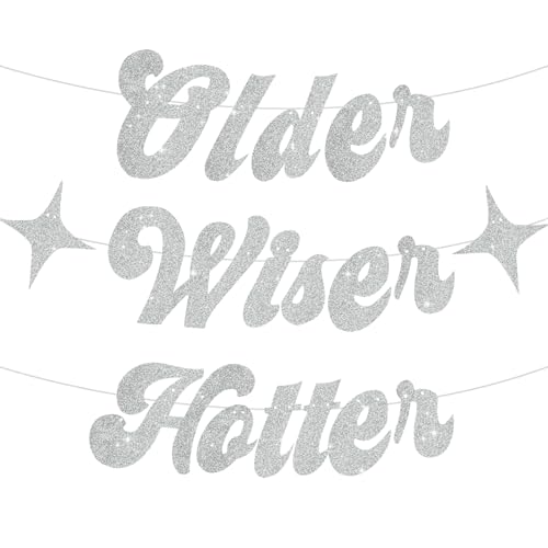 Image of BEISHIDA Glitter Silver Older Wiser Hotter Banner with Star, Funny Birthday Banner 30th 40th 50th 60th 70th 80th Party Decorations
