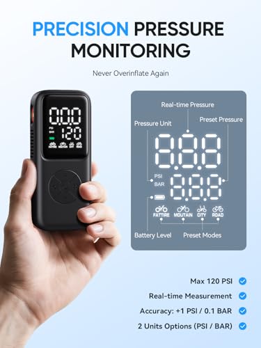 Image of GPUTEK Mini Electric Bike Pump,120 PSI Bike Pump Portable with Guage Auto Stop, Bicycle Pump with Presta and Schrader, Bike Tire Pump Valve for Road Bicycle, Mountain Bike, E-Bike,Sports Ball