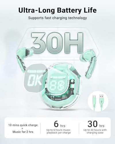 Image of bAss biRd Ultra Pods Pro Bluetooth 5.3 TWS Earbuds, Display, Gaming Mode, AI ENC, Fast Charging Type-C, 13mm Bass Drivers, Transparent Design Premium Sound Under 1000 2024 Wireless (Green)