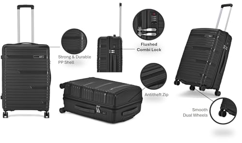 Image of VIP Matrix Hard Shell Trolley Luggage, 8 Wheels, PP Material with Flushed Combi Lock, Anti-Theft Zip (Black, Set of 2 (Cabin, Medium))