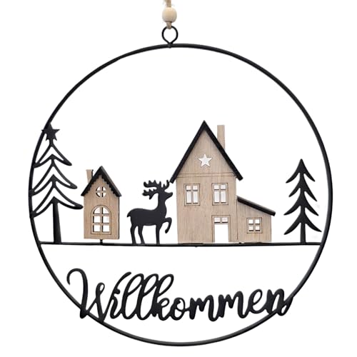 Metallring Winterdorf: Willkommen-Türkranz aus Metall & Holz...