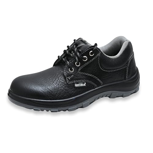 Image of Contablue Men's Leather Industrial Safety Shoes, Lightweight Steel Toe Work Shoes with Double Density PU Sole, Insock Cushioned, Breathable, Anti-Skid & Water Resistant for Industrial, Construction & Industrial Use