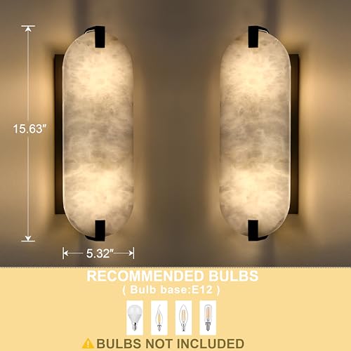 Image of 2 Light 15.63 inch Natural Oval Alabaster Marble Bathroom Wall Sconce Modern Concise Style Wall Light Fixture,Oil Rubbed Bronze Finish for Bedroom Hallway Bedside Living Room