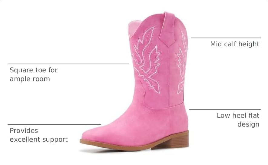 Image of Cowgirl Boots Square Toe Cowboy Boots For Women Ladies Mid Calf Low Heel Flat