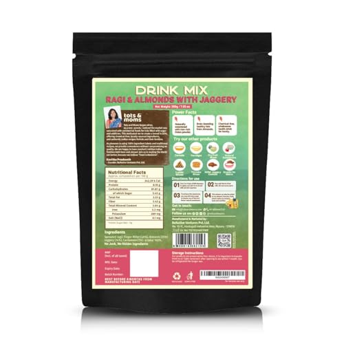 TOTS AND MOMS NO Sugar Drink Mix with Jaggery for Kids|Naturally Sweetened with Jaggery|No Sugar No Milk Powder No Preservatives Made Fresh|200g (200 g (Pack of 1),Sprouted Ragi & Almond with Jaggery)
