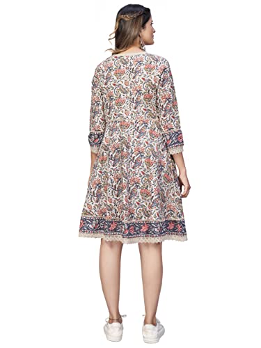 Image of Vbuyz Women's Floral Print Flared Cotton Beige Stitched Dress