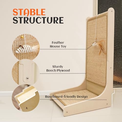 Image of PETKARAY Cat Scratcher, Sisal Cat Scratch Pad, L Shape Cat Scratching Board for Indoor Cats, Floor Mounted Scratcher with Mouse Toy Catnip
