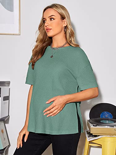 Oyoangle Women's Maternity Shirts Split Hem Waffle Knit Short Sleeve Casual Pregnancy Tee Tunic Tops Lake Green S #TOP5