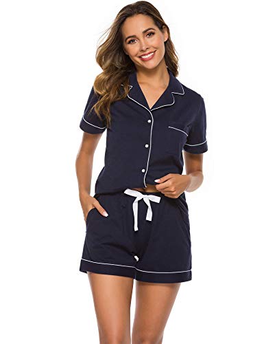 Colorfulleaf Womens 100% Cotton Pajamas Short Set Soft Short Sleeve Sleepwear Button Down Summer Pjs Set With Pockets(Navy Blue, Large) #TOP3