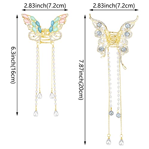 2 Pcs Gold Butterfly Tassel Rhinestone Pearl Crystal Metal Sparkling Exquisite Hair Styling Accessories for Women Girls - Image 2