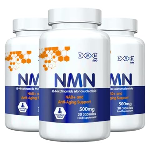 NMN Bio - 99% Pure Beta Nicotinamide Mononucleotide Capsules - 500mg Powerful Anti-Aging Supplements - Zero Fillers or Preservatives - Revolutionary Vitamin B3 Derivative - 3 Pack of 30 Capsules Cover