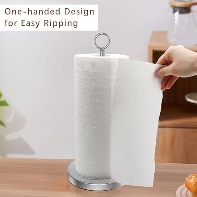 Paper Towel Holder Countertop, Standing Paper Towel Roll Holder for Kitchen Bathroom, Paper Towel Stand with Weighted Base, One-Handed Tear Stainless Steel Paper Towel Holder(Silver)