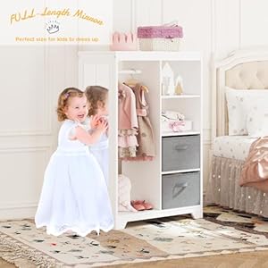 UTEX Kids Dress Up Storage with Full Length Mirror Kids Armoire with 2 Storage Bins Opening Hanging Costume Closet Wardrobe for Kids Pretend Storage Closet Armoire Dresser for Kids Room