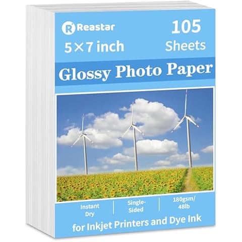 Reastar 5x7 photo paper, 105 Sheets Glossy Photo Paper, photo paper for printer, Inkjet Photo Paper, Instant Dry Picture Paper for DIY Chip Bag, Flyers, Cards, Calendars and Brochures(180gsm/48lb) Cover