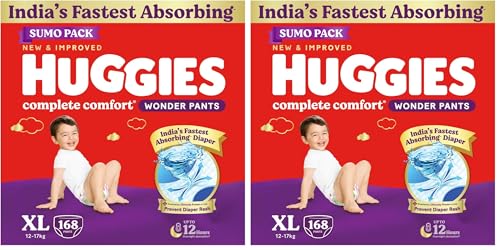 Image of Huggies Complete Comfort Wonder Pants | Pant Style Baby Diapers Extra Large Size (XL), 168 Count | India's Fastest Absorbing Diaper, Prevents Diaper Rash, Ideal for 12 to 17 Kgs (56 Count, Pack of 6)