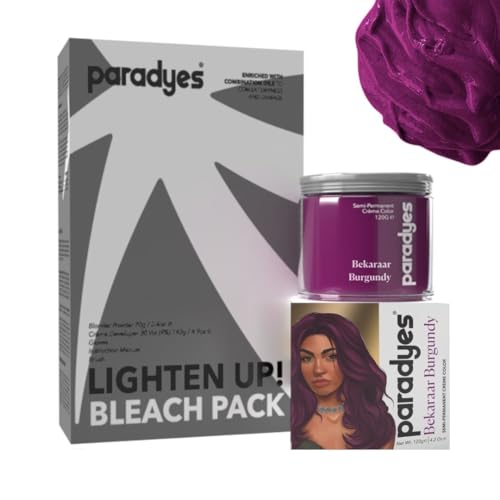 Image of Paradyes Semi-permanent Bekaraar Burgundy DIY Conditioner Based Hair Colour 120 gm and Lighten Up! Bleach Pack 30 Vol. for all Hair Types
