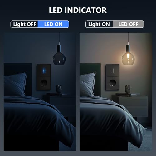 BSEED Lichtschalter mit Steckdose mit Steckklemme,2 Fach 2 Weg Wechselschalter mit LED Kontrollleuchte,Wandschalter mit PC Rahmen,Unterputz Schalter mit Steckdosen Schwarz - 150X80mm