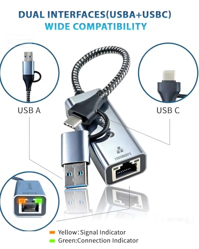 Image of Ethernet to USB Adapter, 1Gbps USB to RJ45 Gigabit LAN, USB 3.0 Ethernet Adapter Compatibility 10 /100 /1000Mbps. Compatible with Laptops, PC, Mac OS, Linux and More