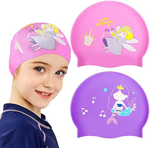 2 Pack Kids Swim Cap (Age 9-15), Durable Waterproof Silicone Swimming Cap for Kids Long Hair Short Hair, Children Cartoon Swimming Hat for Boys Girls