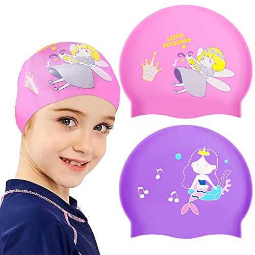 2 Pack Kids Swim Cap (Age 9-15), Durable Waterproof Silicone Swimming Cap For Kids Long Hair Short Hair, Children Cartoon Swimming Hat For Boys Girls #TOP2
