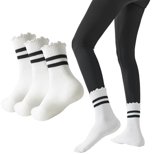 3 Pairs Pilates Socks with Grips Non-slip Yoga Crew Sock Ruffle Striped Sock for Gym Hospital Sticky Slipper Socks