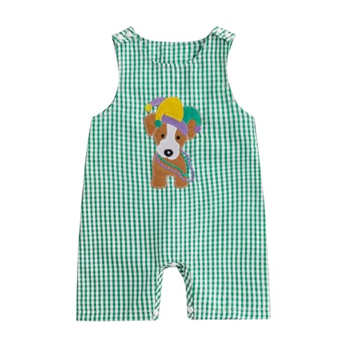 Lamuusaa Newborn Baby Girl Boy Mardi Gras Outfit Sleeveless Plaid Mardi Gras Dog/Truck Embroidery Romper Jumpsuit 0-18M