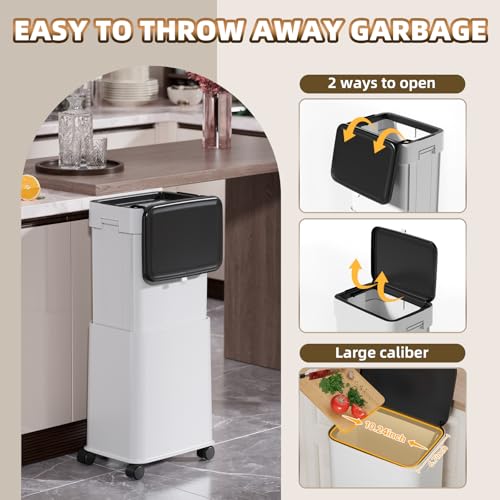Image of Trash Can with Lid, 20L /5.3Gal Adjustable Height Kitchen Garbage Can, Trash Can on Wheels with Brakes, Plastic Tall and Slim Trash Bin for for Kitchen /Bathroom /Bedroom /Office, White